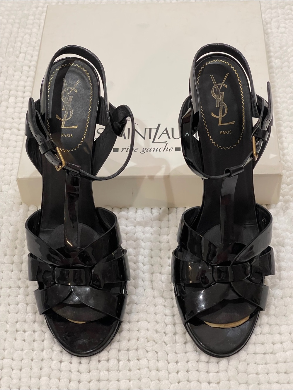 Saint Laurent Black Patent Leather T-Strap Sandals